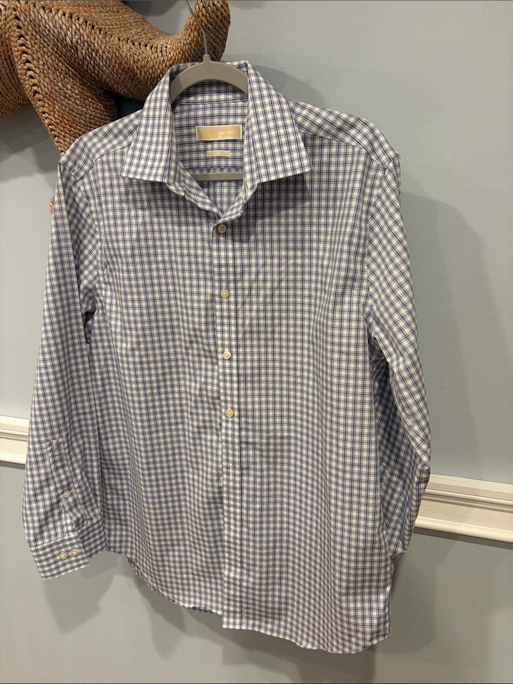 Michael Kors Blue and White Gingham Dress Shirt